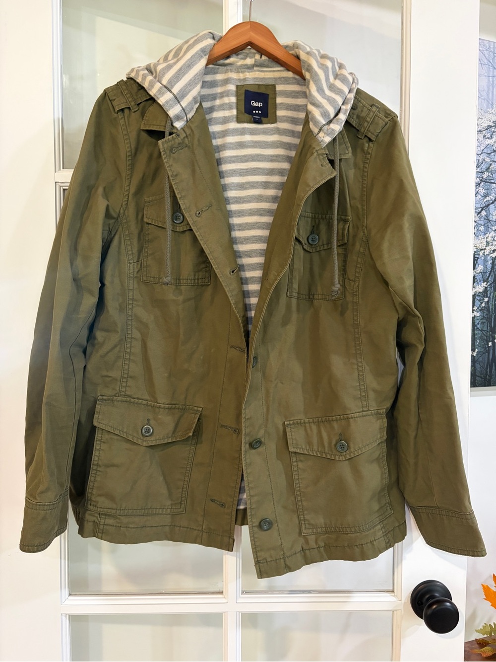 Gap Women’s Olive Green Utility Jacket Striped Hood Casual Field Coat Large